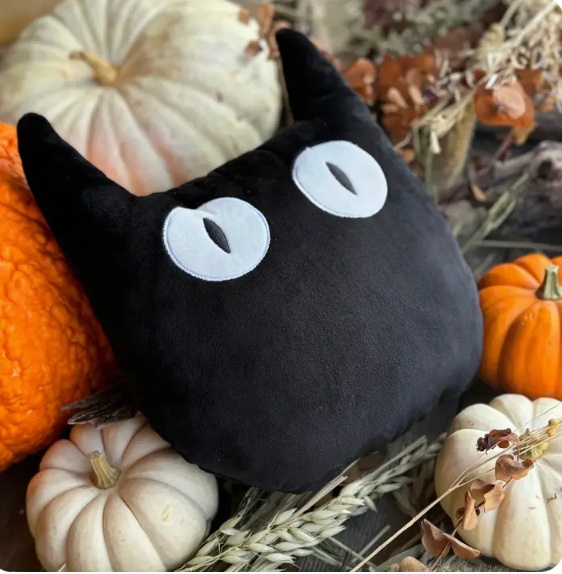 Black Velvet Cat with Eyes Pillow