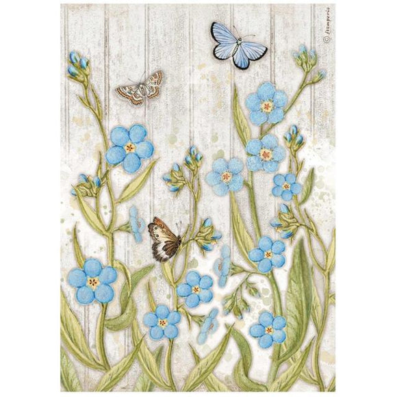 Romantic Garden House: Blue Flowers and Butterfly Rice Paper